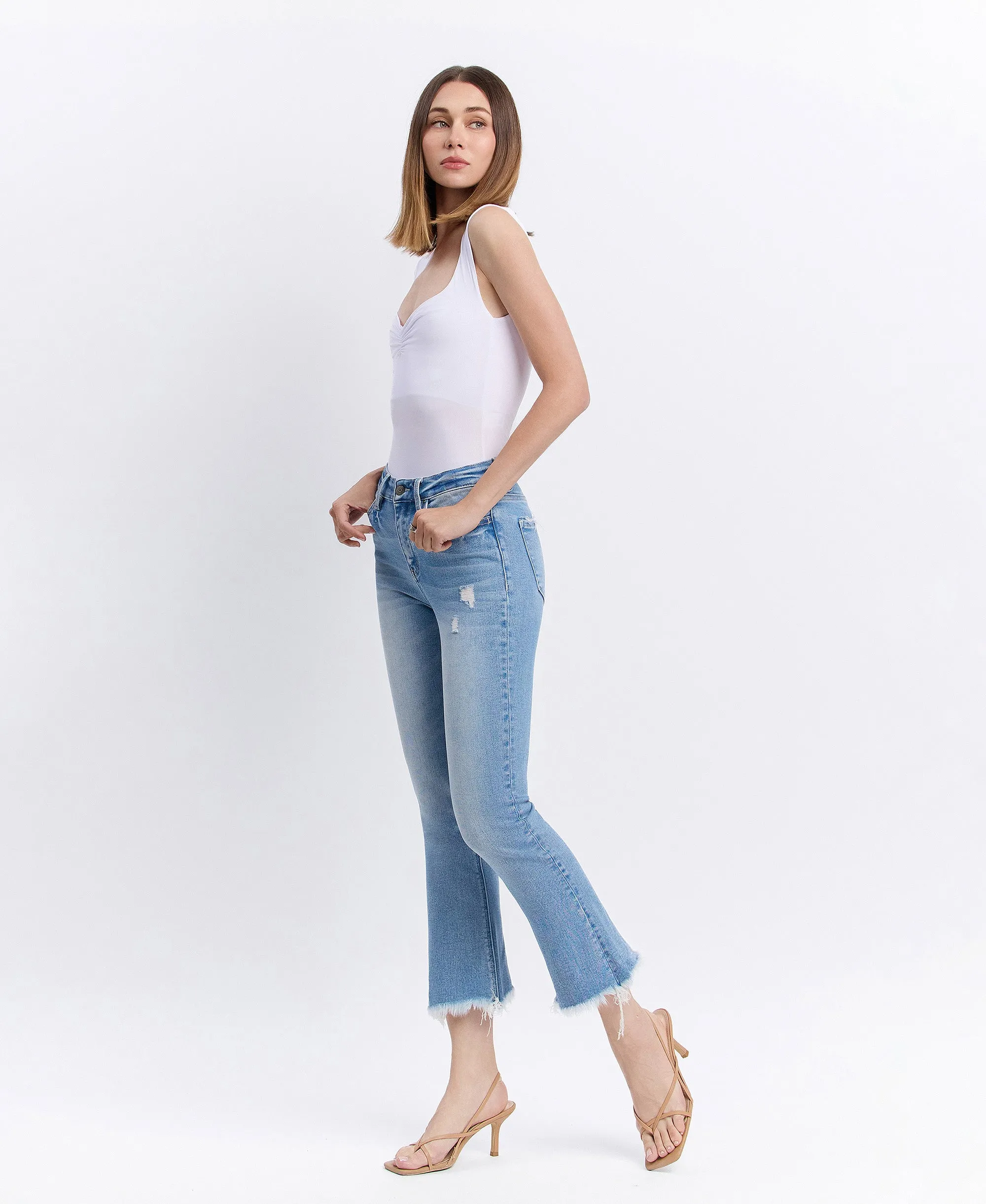 Beckons - High Rise Raw Hem Kick Flare Jeans