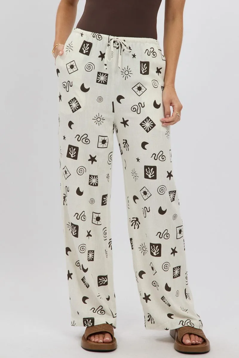 Beige Abstract Wide Leg Pants High Rise