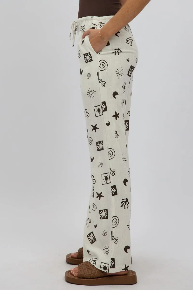 Beige Abstract Wide Leg Pants High Rise