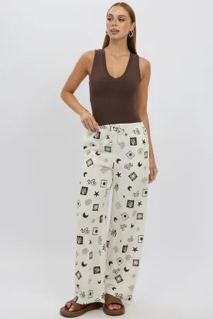 Beige Abstract Wide Leg Pants High Rise