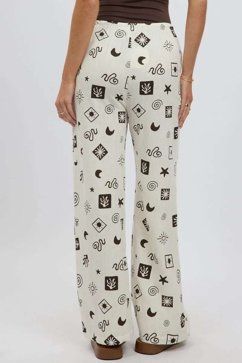 Beige Abstract Wide Leg Pants High Rise