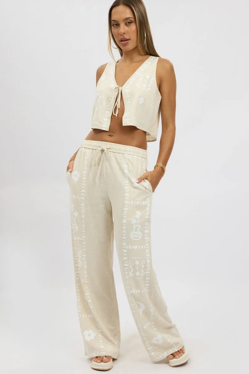 Beige Wide Leg Pants Elasticated Waist