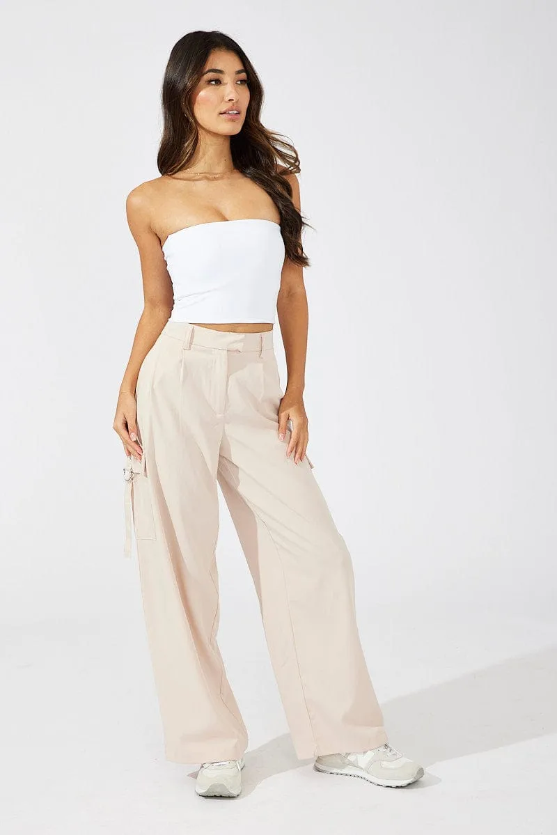 Beige Wide Leg Pants Low Rise