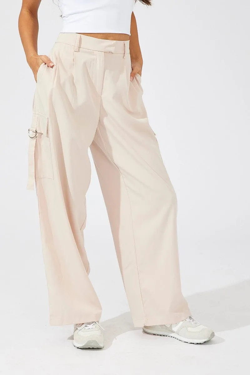 Beige Wide Leg Pants Low Rise