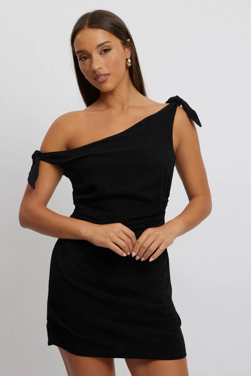 Black Bodycon Dress Tie up Shoulder Linen
