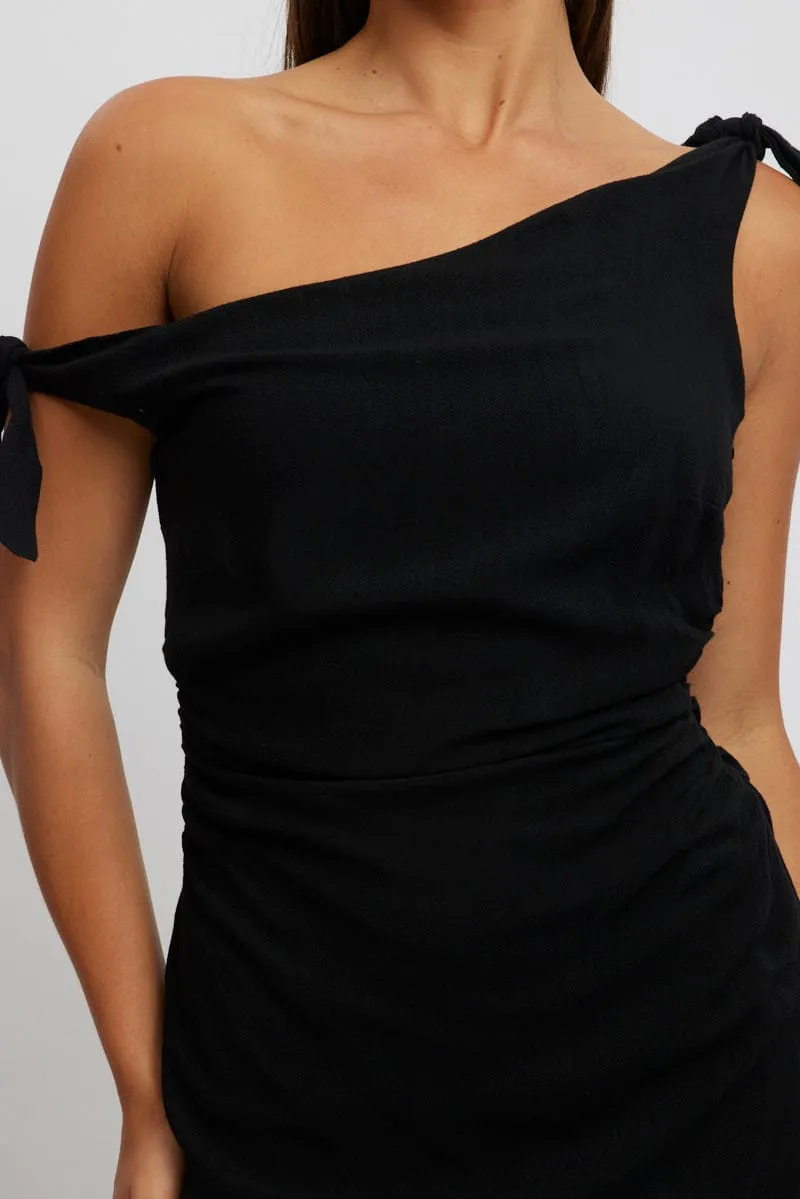 Black Bodycon Dress Tie up Shoulder Linen
