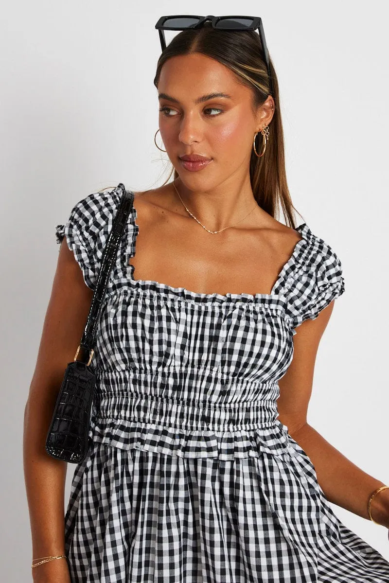 Black Check Fit And Flare Dress Sleeveless
