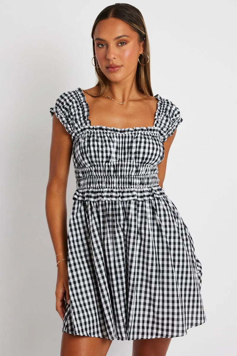 Black Check Fit And Flare Dress Sleeveless
