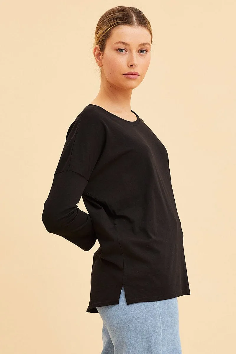 Black Cotton Top 3/4 Sleeve Drop Shoulder Relaxed Fit