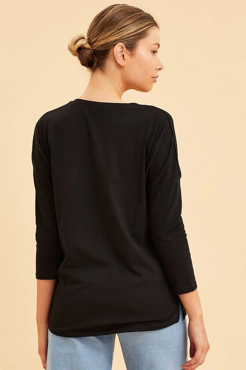 Black Cotton Top 3/4 Sleeve Drop Shoulder Relaxed Fit