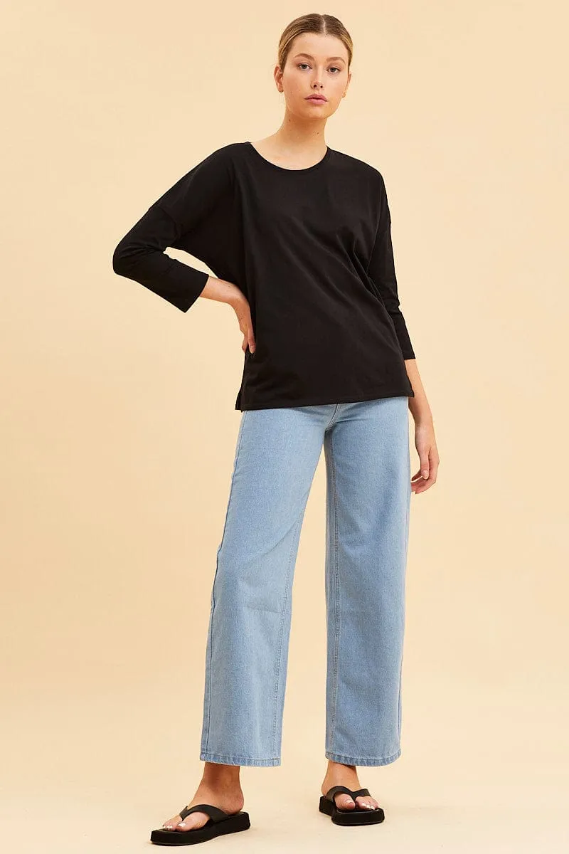 Black Cotton Top 3/4 Sleeve Drop Shoulder Relaxed Fit