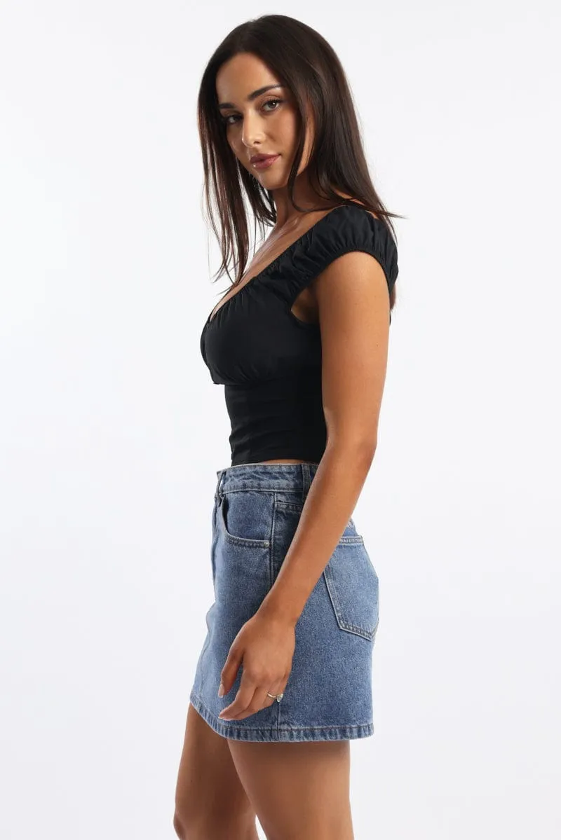 Black Crop Top Short Sleeve V Neck Button Details