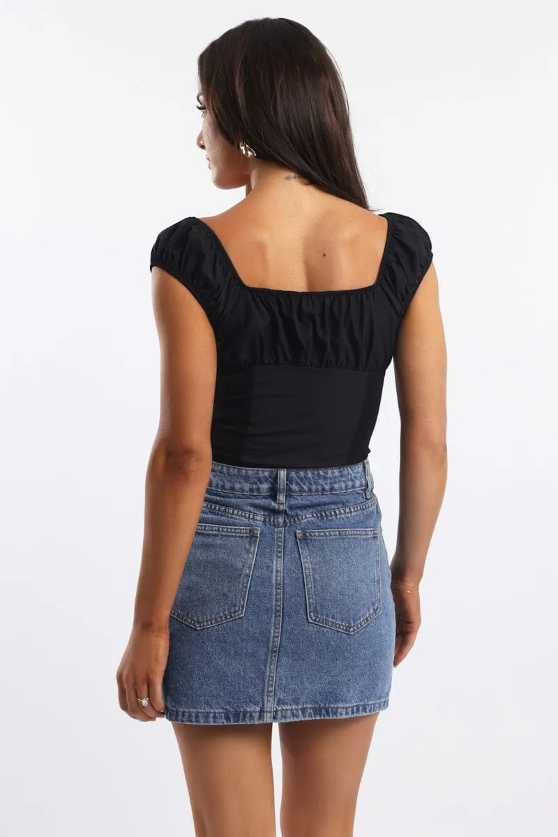 Black Crop Top Short Sleeve V Neck Button Details