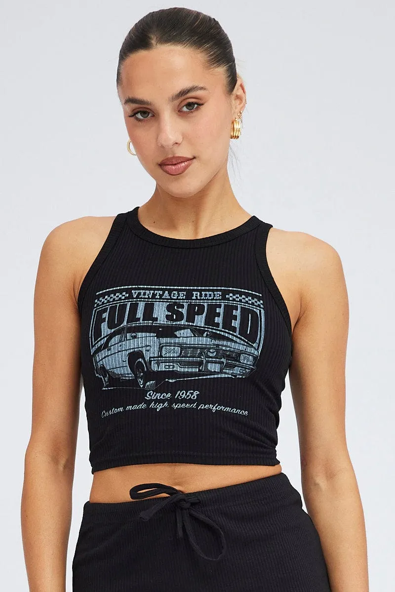 Black Cropped Crew Neck Tank