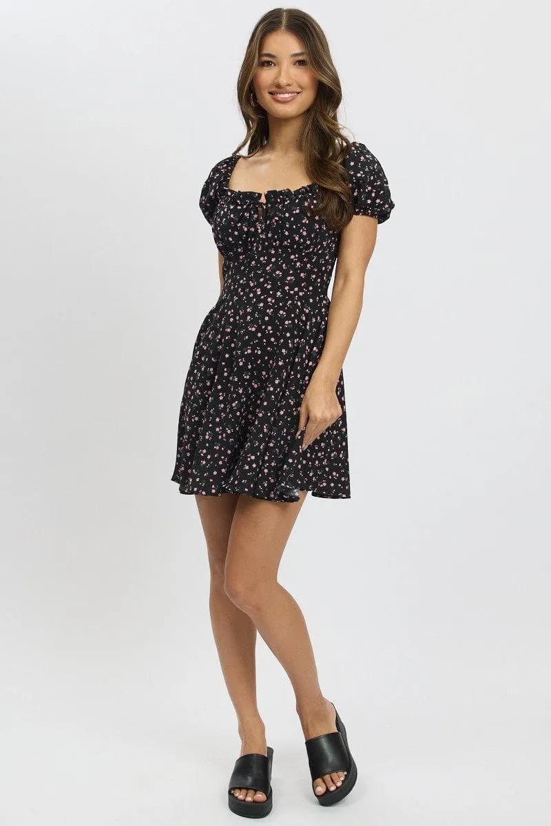 Black Ditsy Fit And Flare Dress Mini