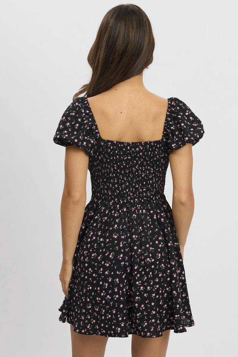 Black Ditsy Fit And Flare Dress Mini