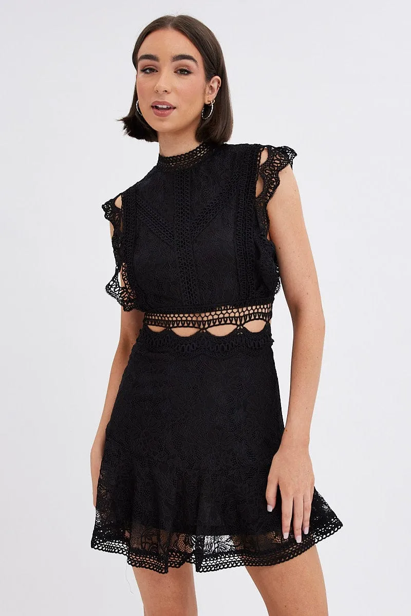 Black Dress Sleeveless Mini High Neck Lace