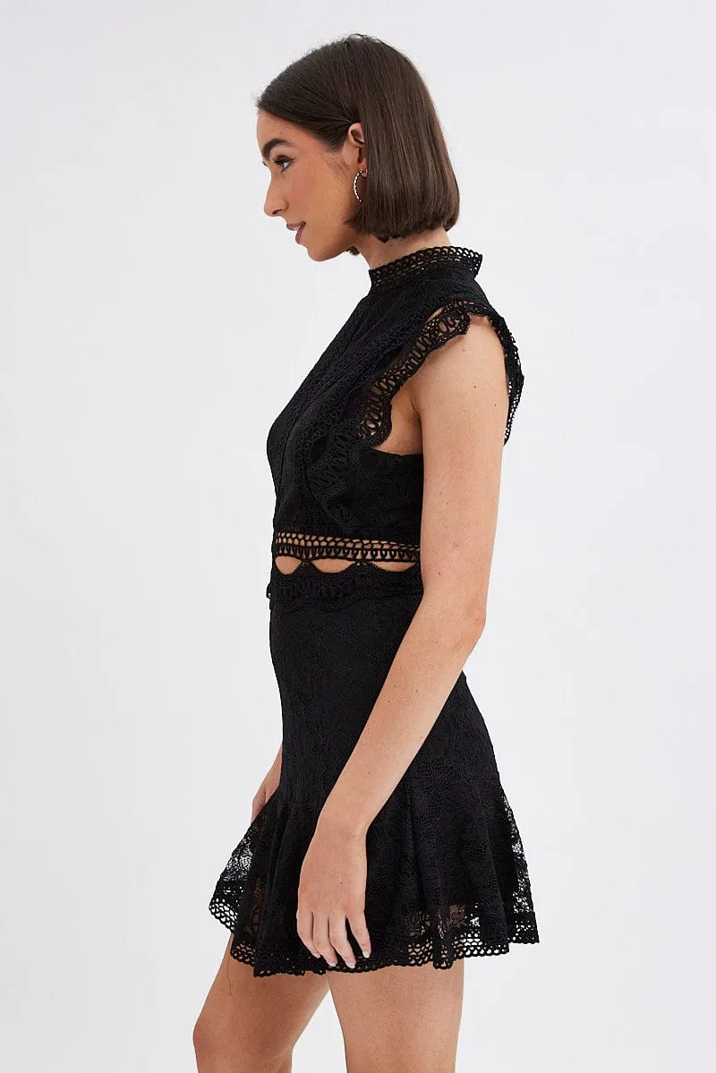 Black Dress Sleeveless Mini High Neck Lace