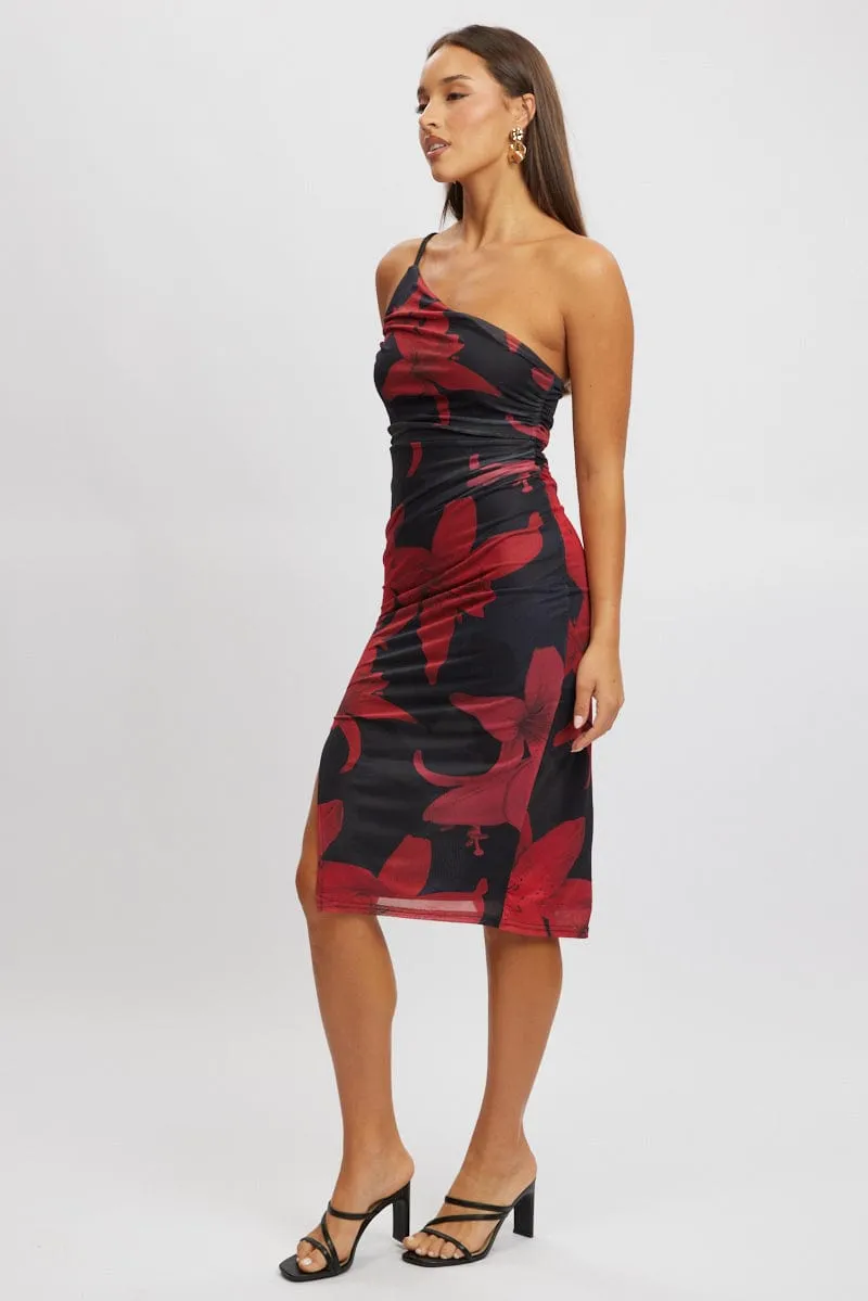 Black Floral Bodycon Dress One Shoulder