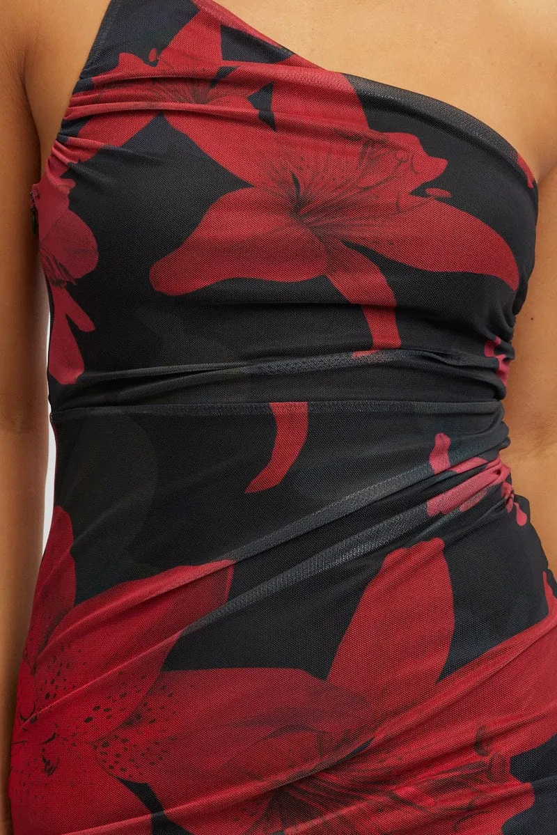 Black Floral Bodycon Dress One Shoulder