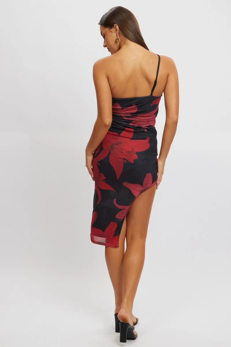 Black Floral Bodycon Dress One Shoulder