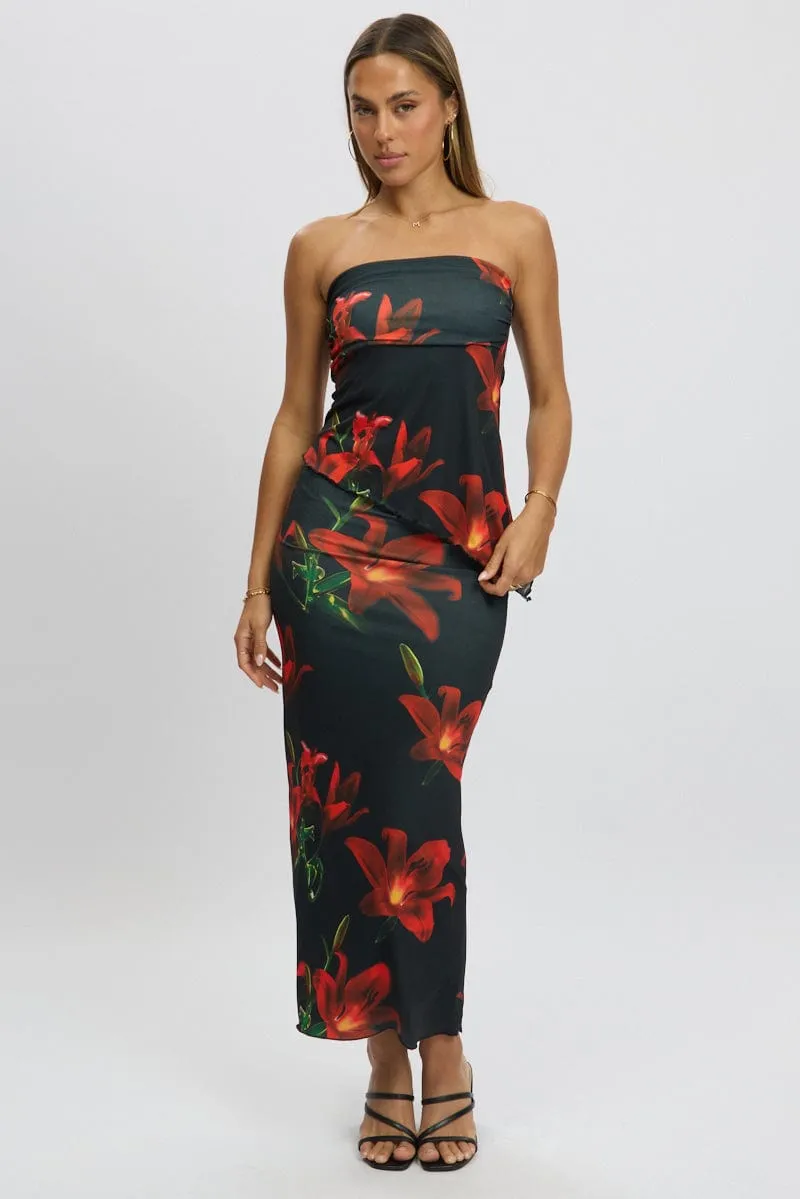 Black Floral Boob Tube Top Asymmetric Hem