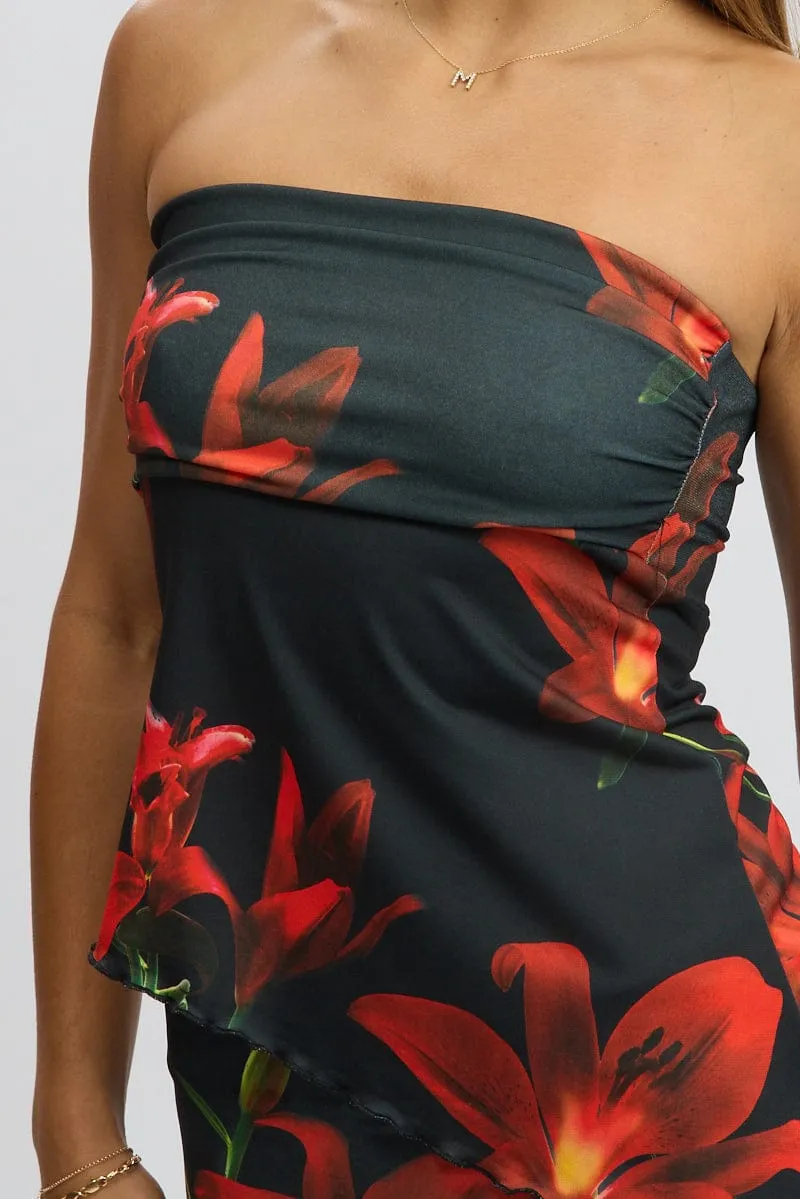 Black Floral Boob Tube Top Asymmetric Hem