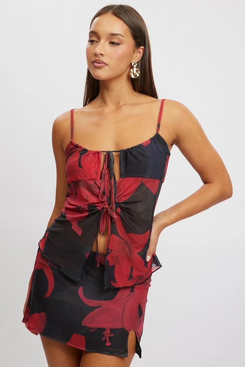 Black Floral Singlet Top Tie Up Front