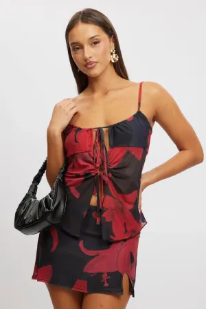 Black Floral Singlet Top Tie Up Front