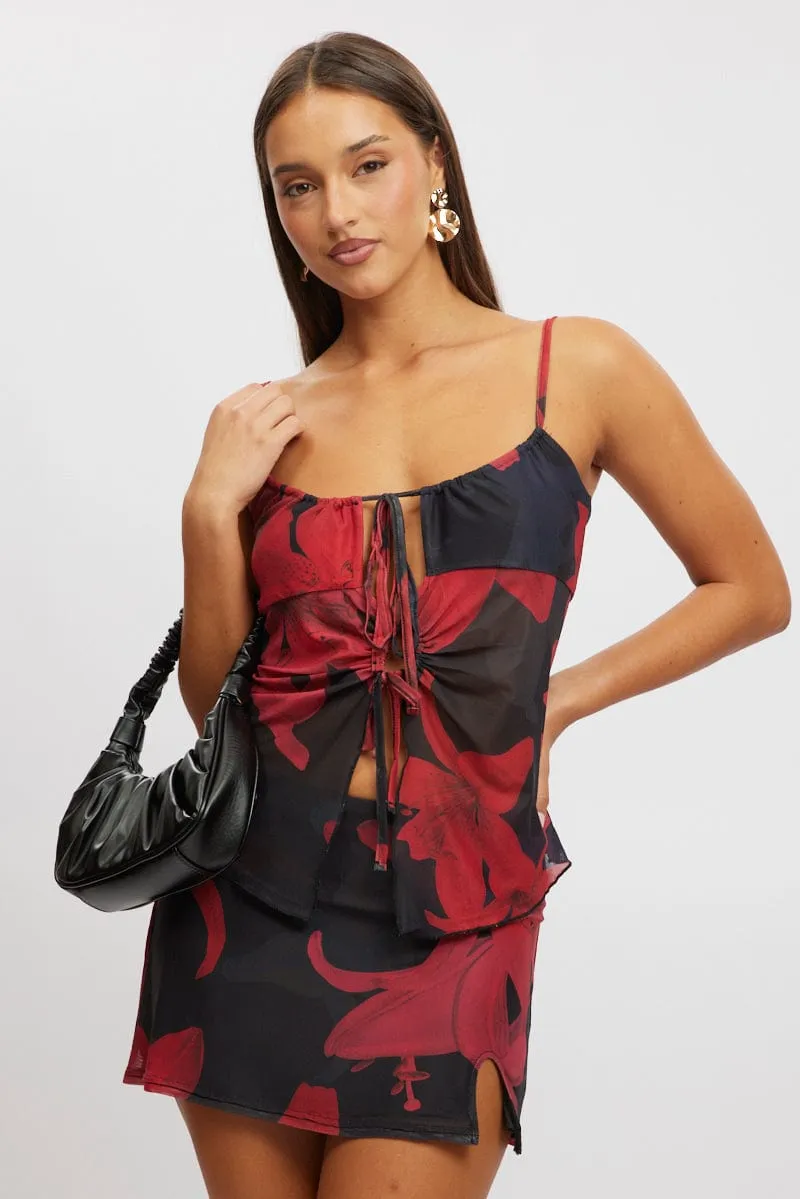 Black Floral Singlet Top Tie Up Front