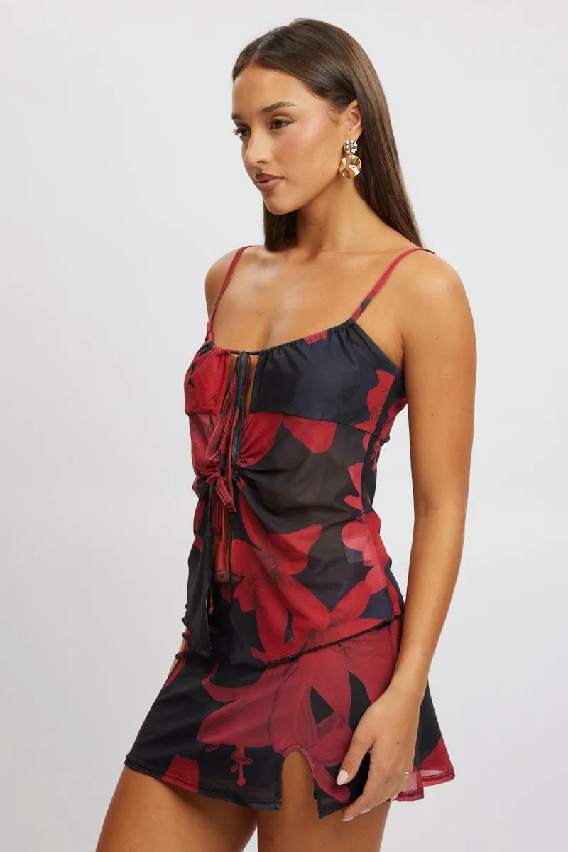 Black Floral Singlet Top Tie Up Front