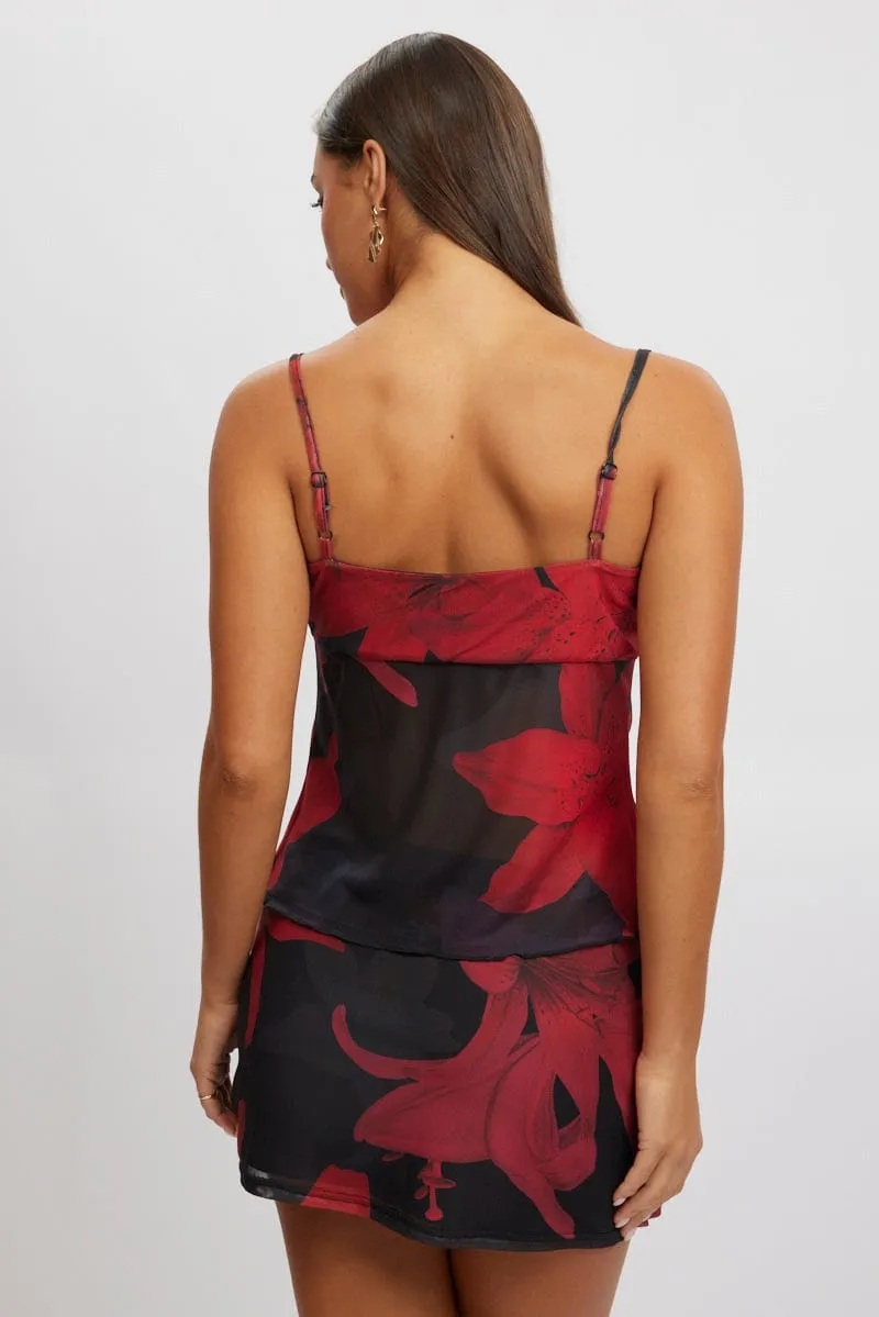 Black Floral Singlet Top Tie Up Front