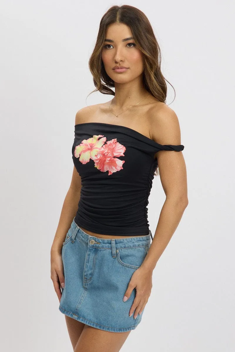 Black Graphic Top Twist off Shoulder Supersoft