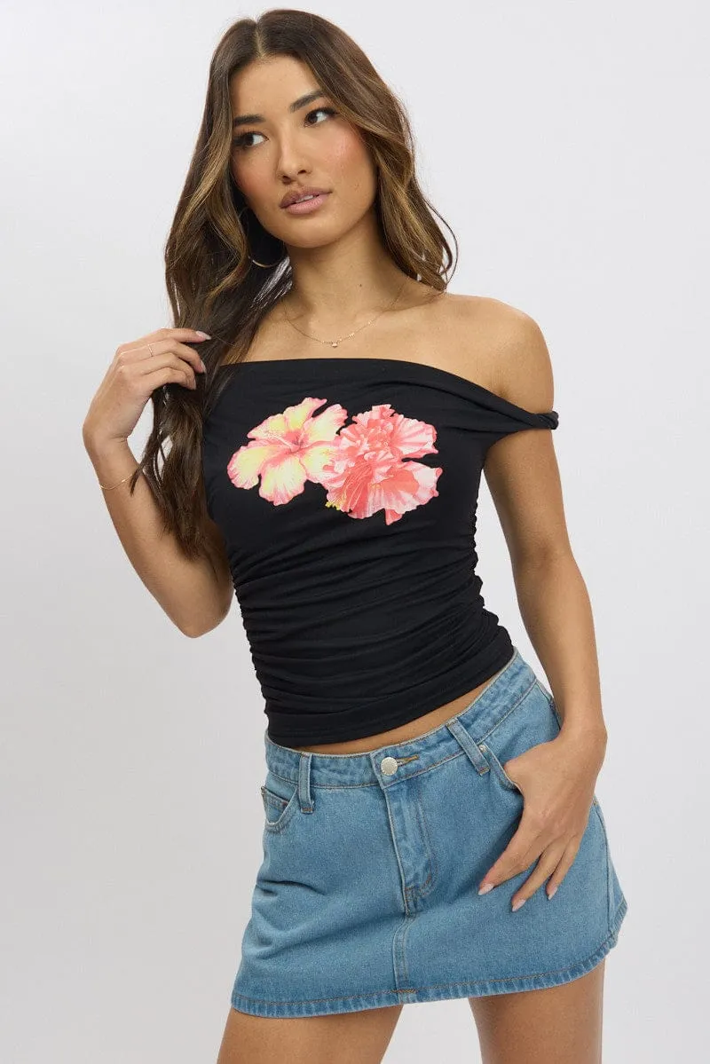 Black Graphic Top Twist off Shoulder Supersoft