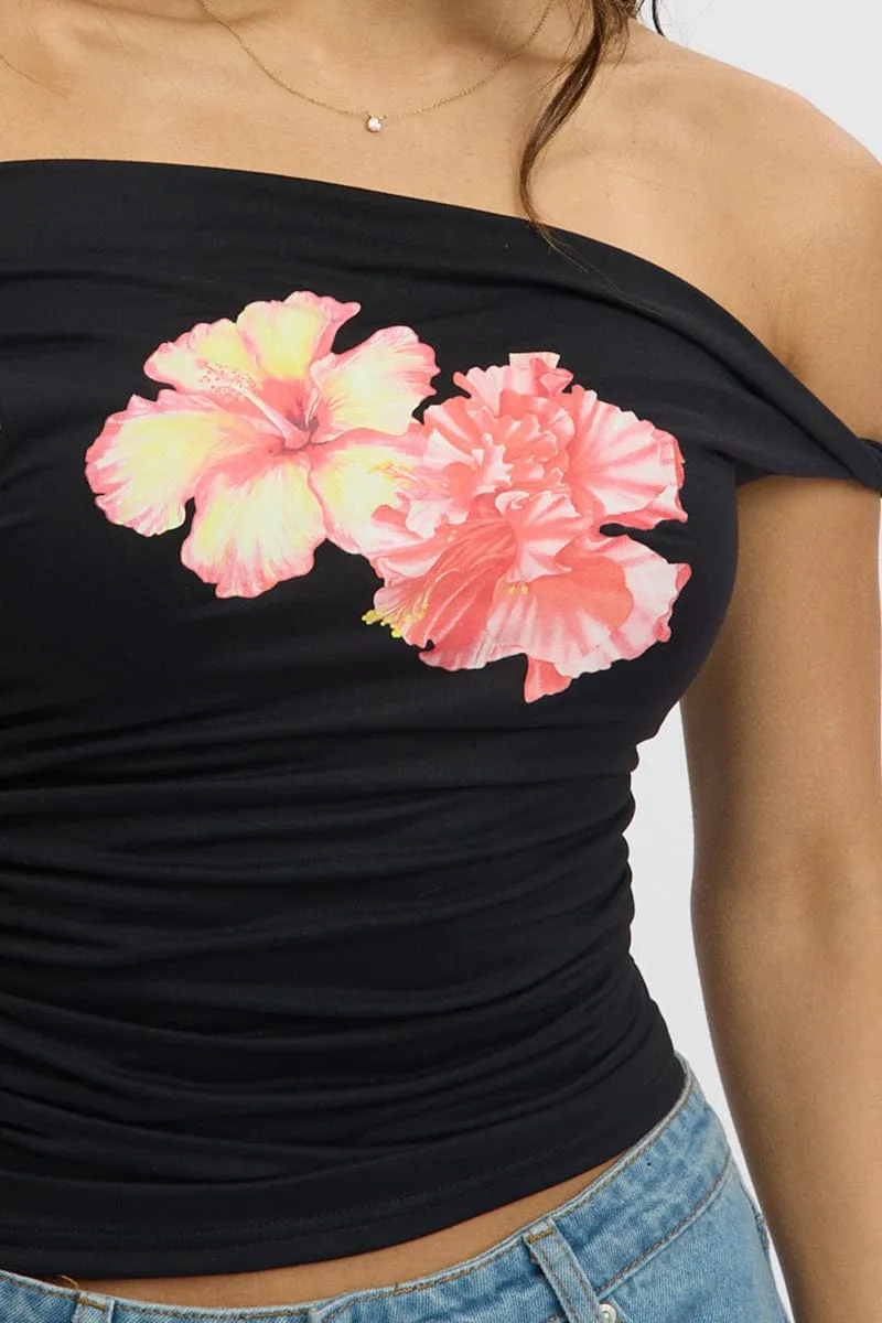 Black Graphic Top Twist off Shoulder Supersoft