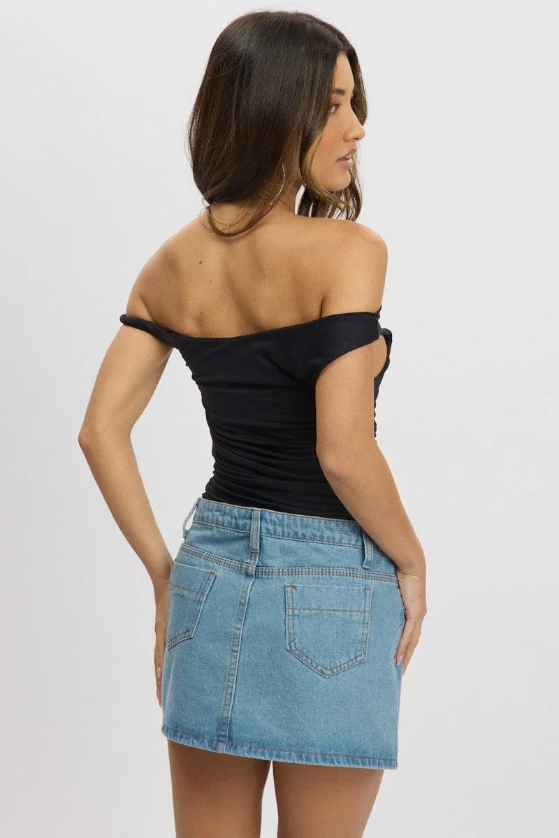 Black Graphic Top Twist off Shoulder Supersoft
