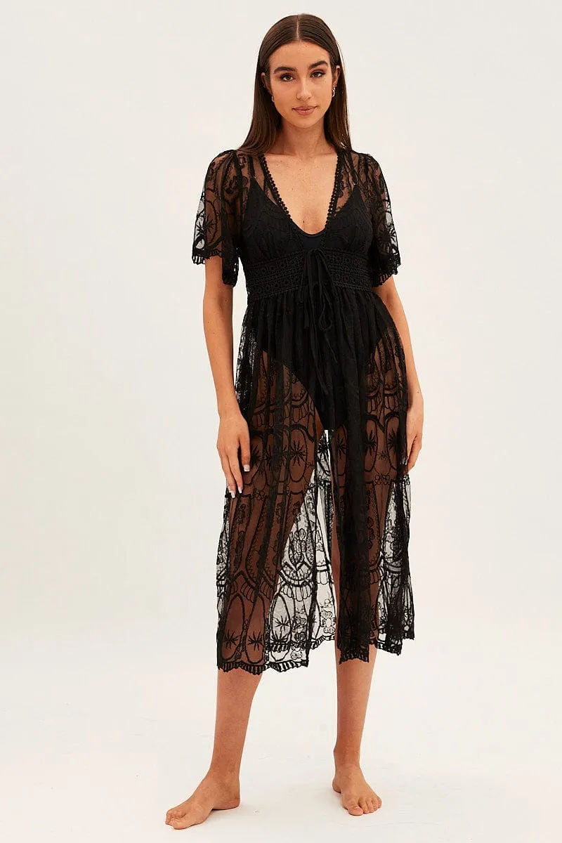 Black Lace Kimono Short Sleeve Tie Front Longline