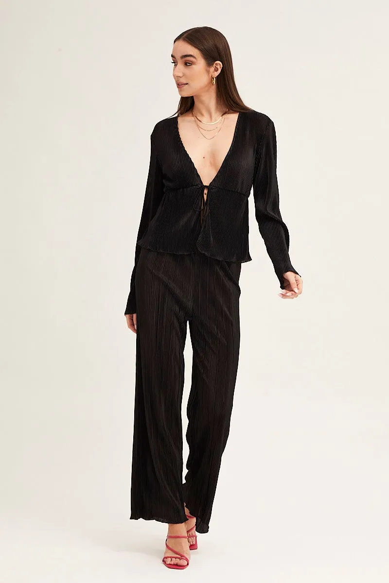 Black Plisse Long Sleeve Tie Front Bolero