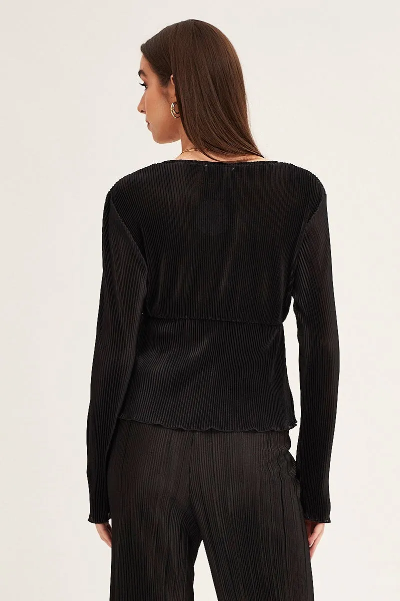 Black Plisse Long Sleeve Tie Front Bolero