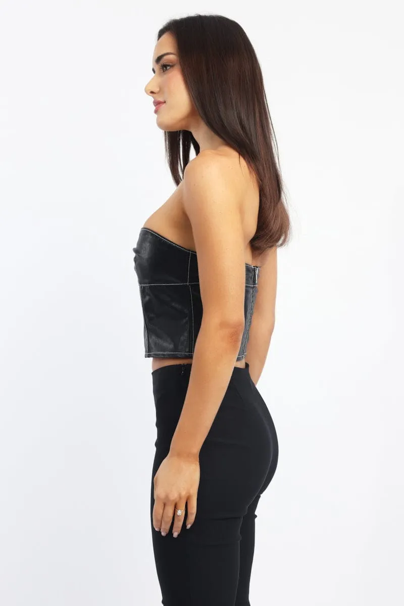 Black PU Corset Bandeau Sleeveless Sweetheart Neckline