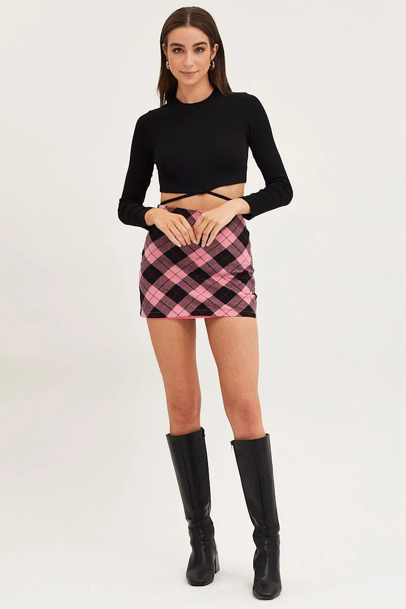 Black Rib Top Long Sleeve Tie Waist