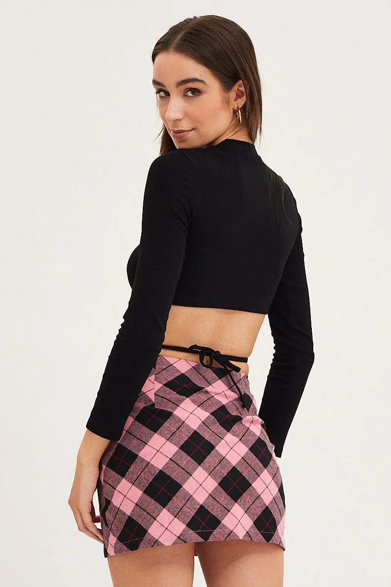 Black Rib Top Long Sleeve Tie Waist