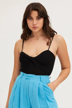 Black Ribbed Twist Front Bodysuit
