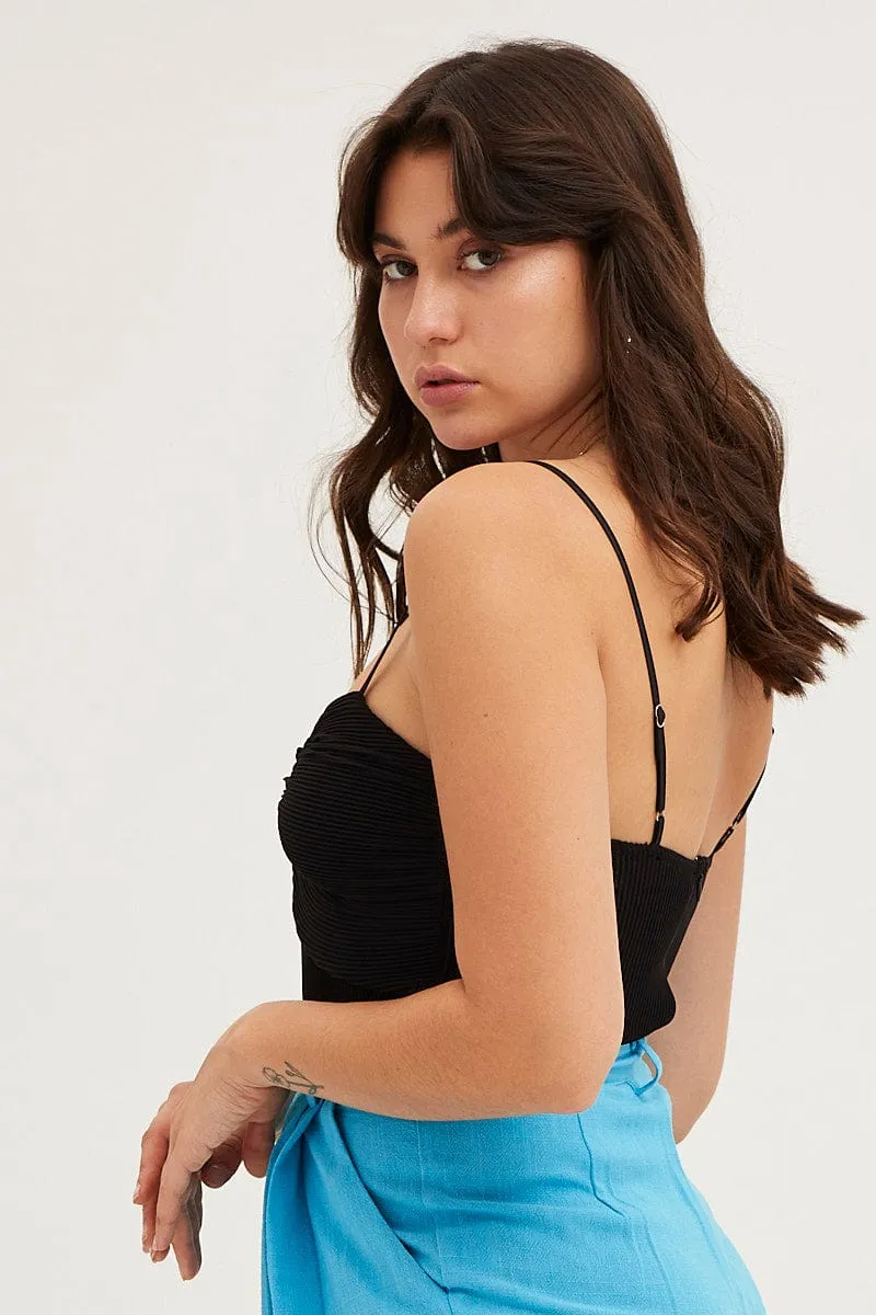 Black Ribbed Twist Front Bodysuit