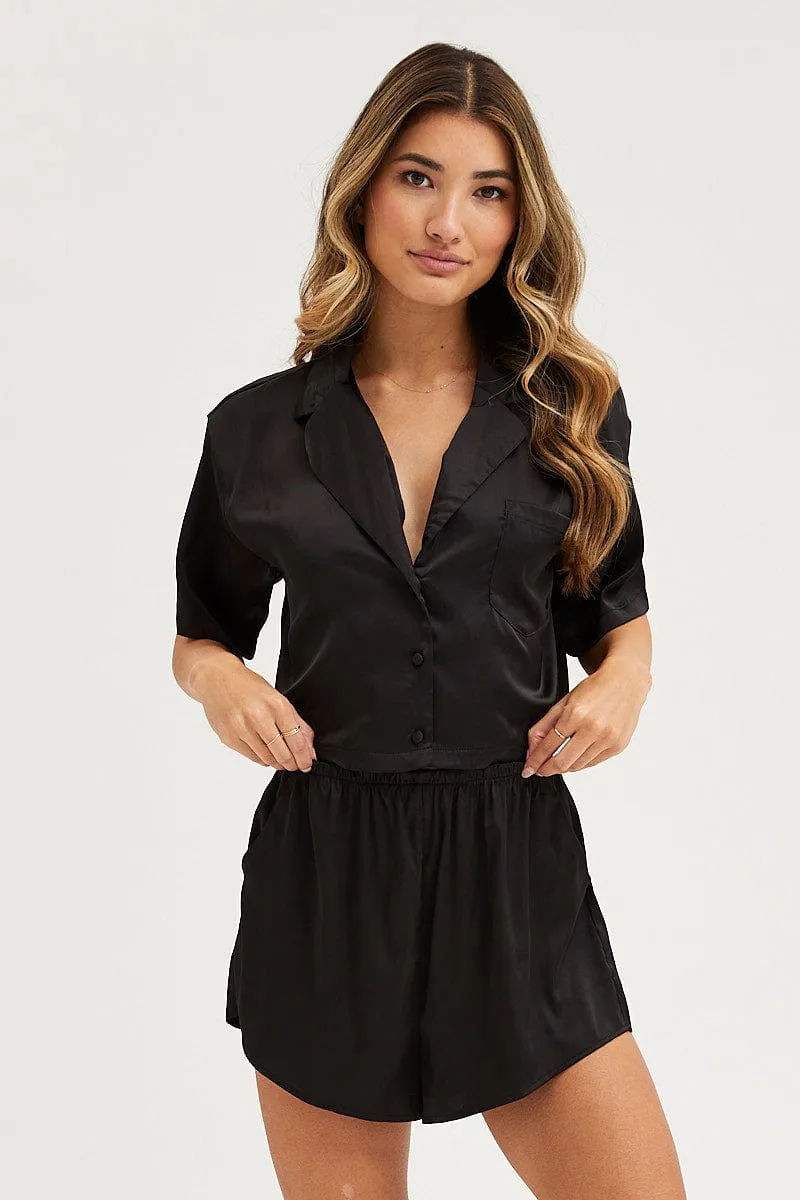 Black Satin Pajamas Set Short Sleeve Crop