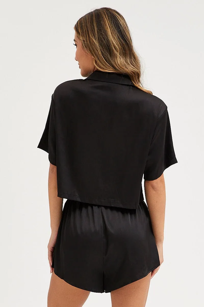 Black Satin Pajamas Set Short Sleeve Crop