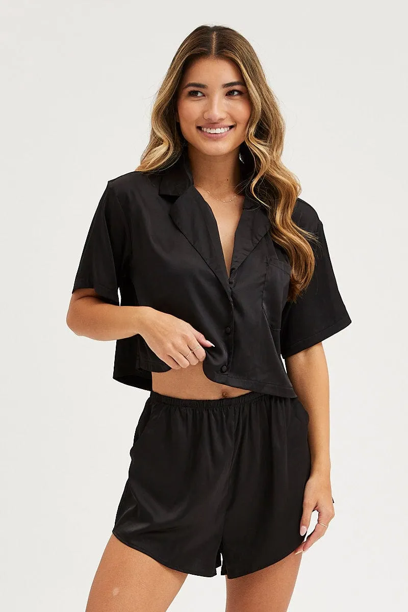 Black Satin Pajamas Set Short Sleeve Crop