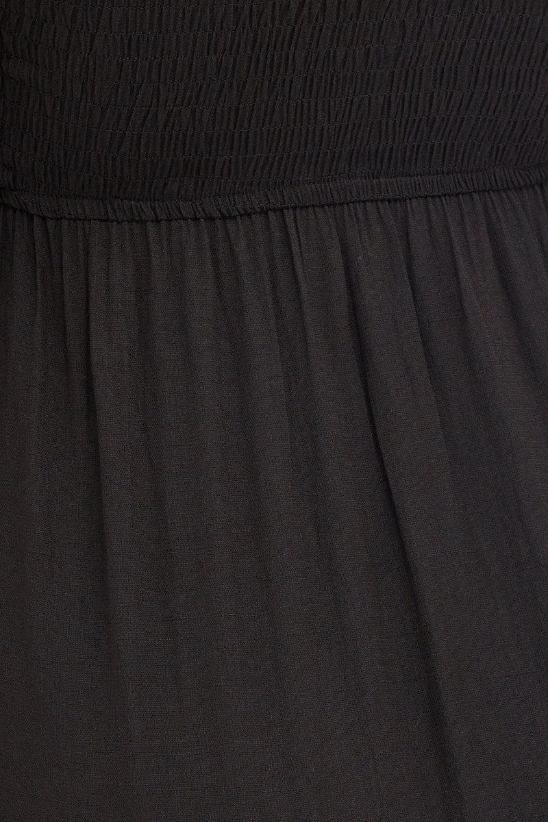 Black Shirred Dress Short Sleeve Maxi