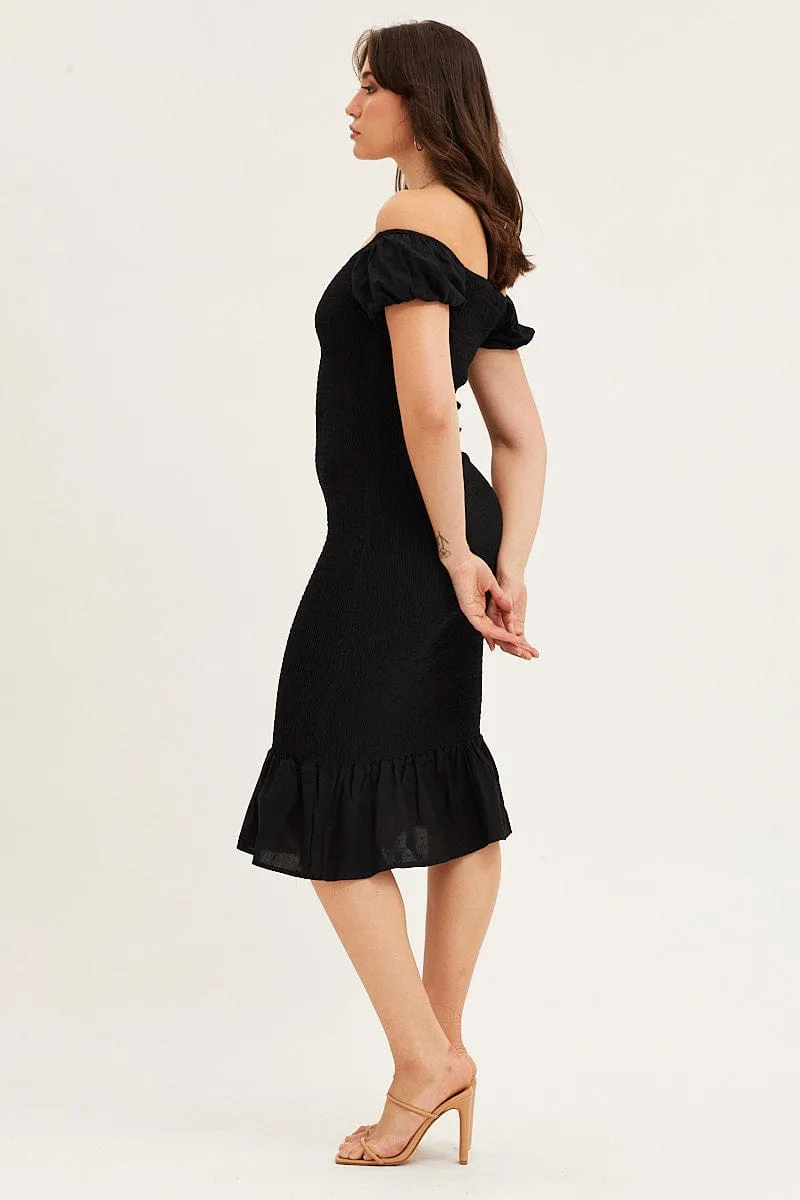 Black Shirred Midi Dress