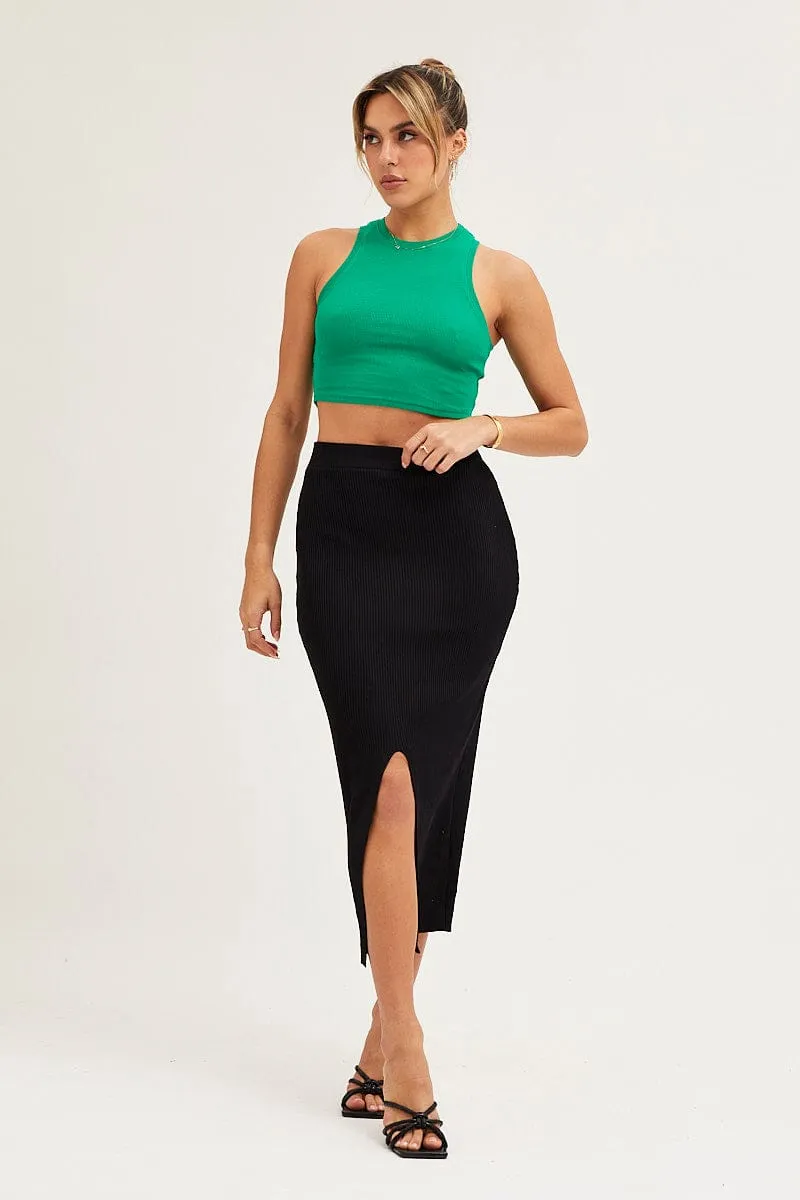 Black Slit Knit Midi Skirt
